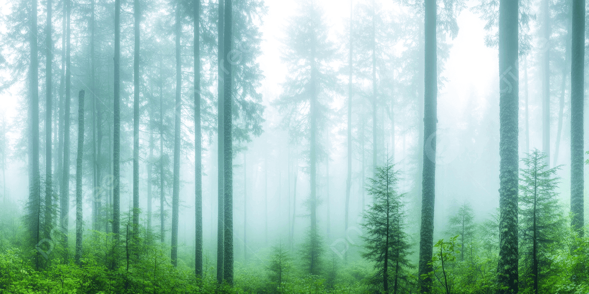Panoramic view of a dense, misty forest.